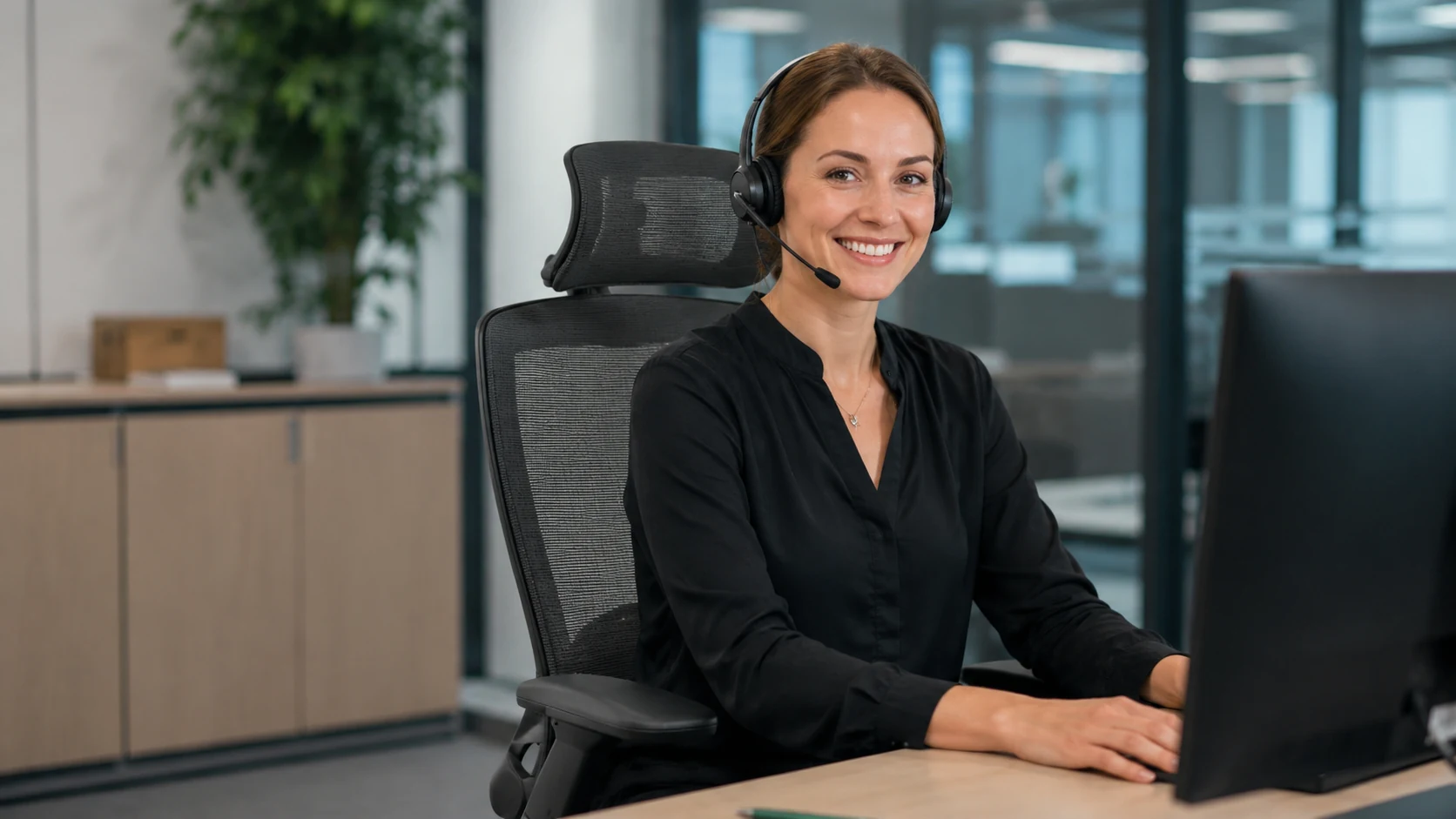 A Valhalla Thrones support representative wearing a headset while seated in an ergonomic chair