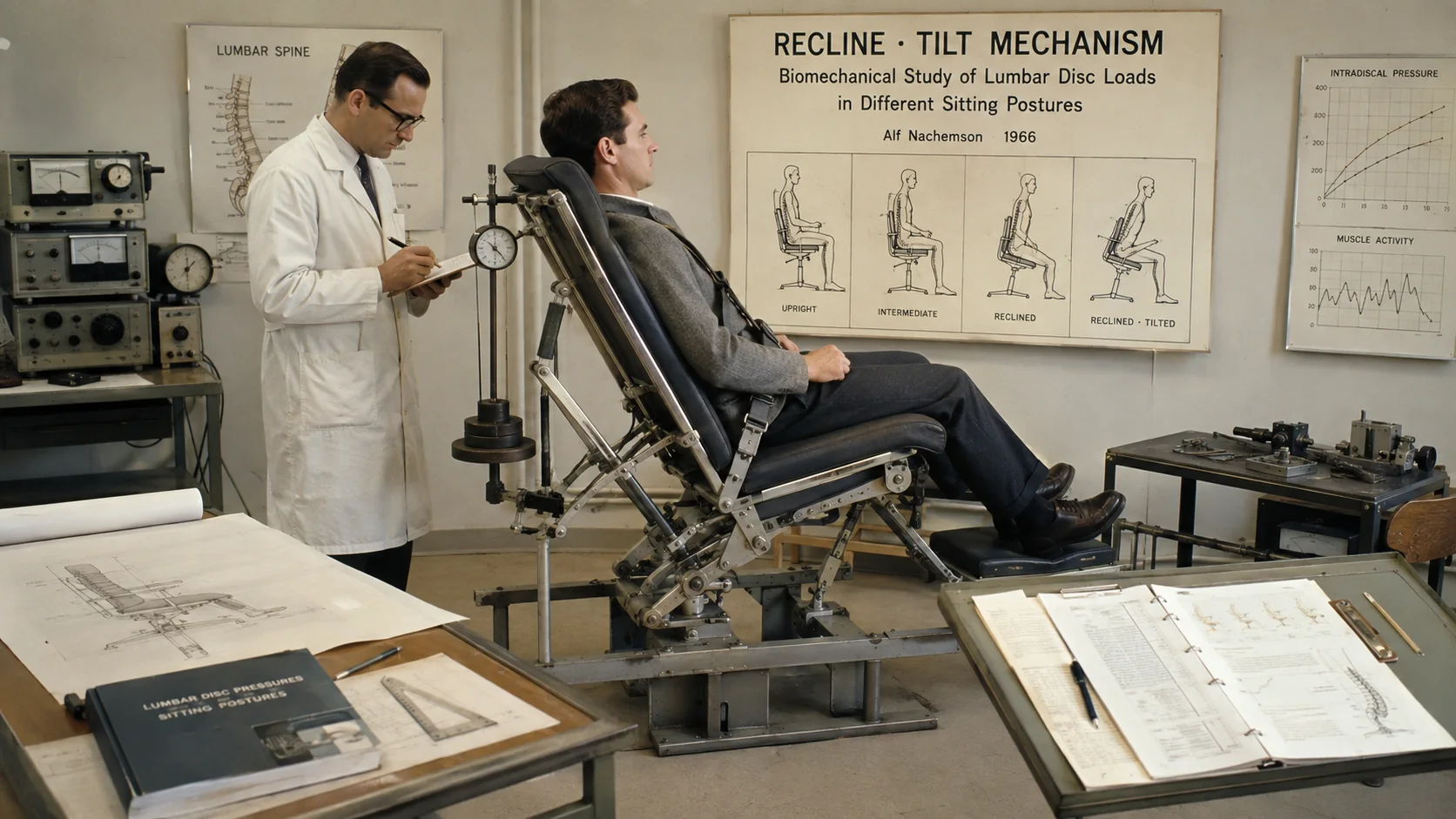 A historical seating laboratory studying posture, lumbar load and recline.