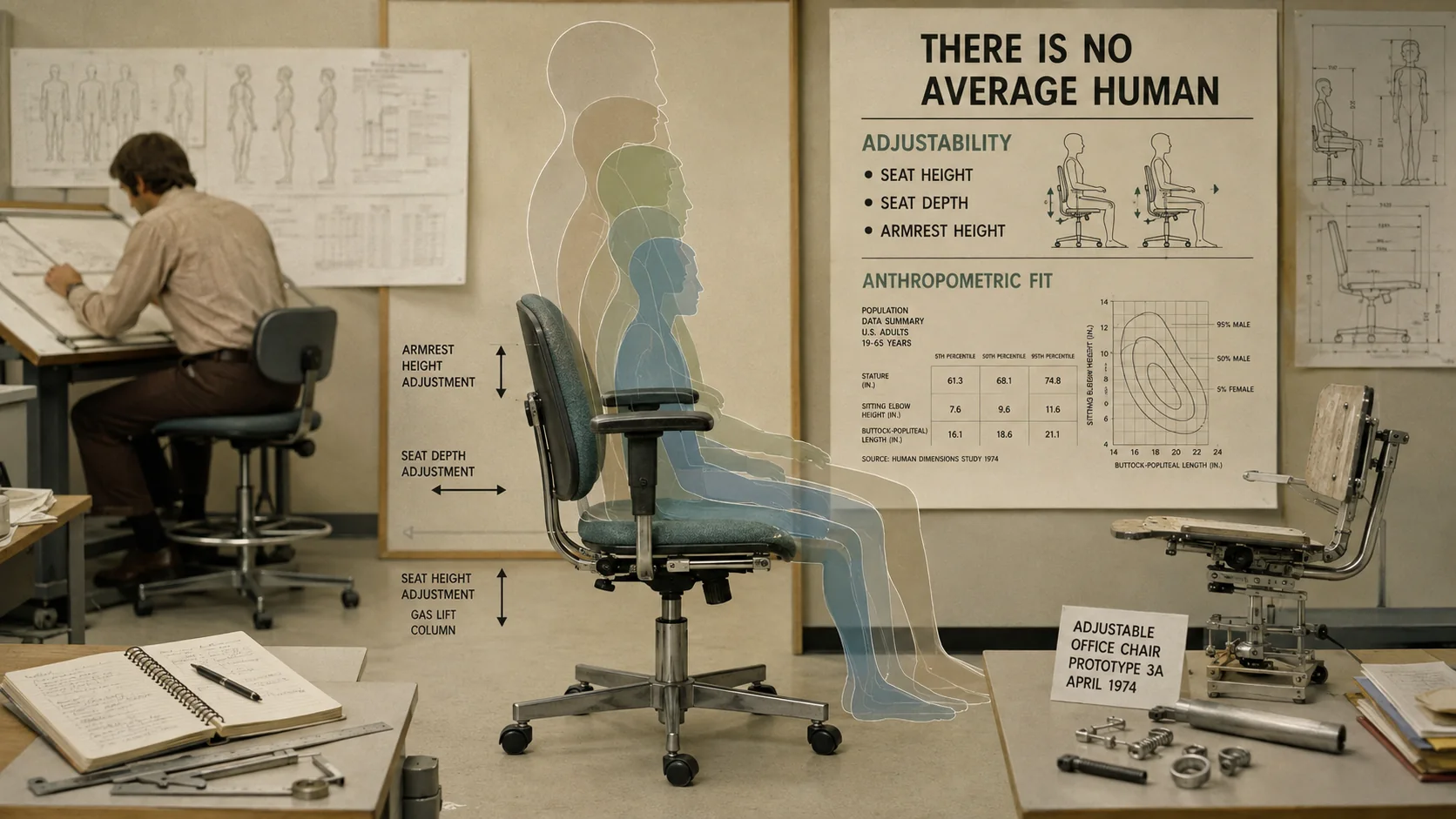 An adjustable chair study visualising different body dimensions and anthropometric fit.