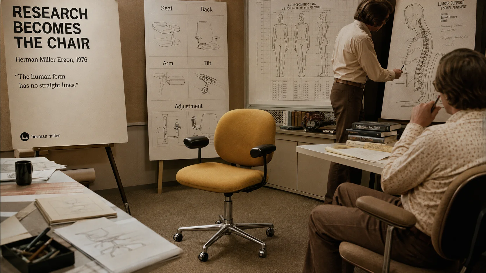 A 1976 Herman Miller Ergon presentation with chair-system studies and human-body research.
