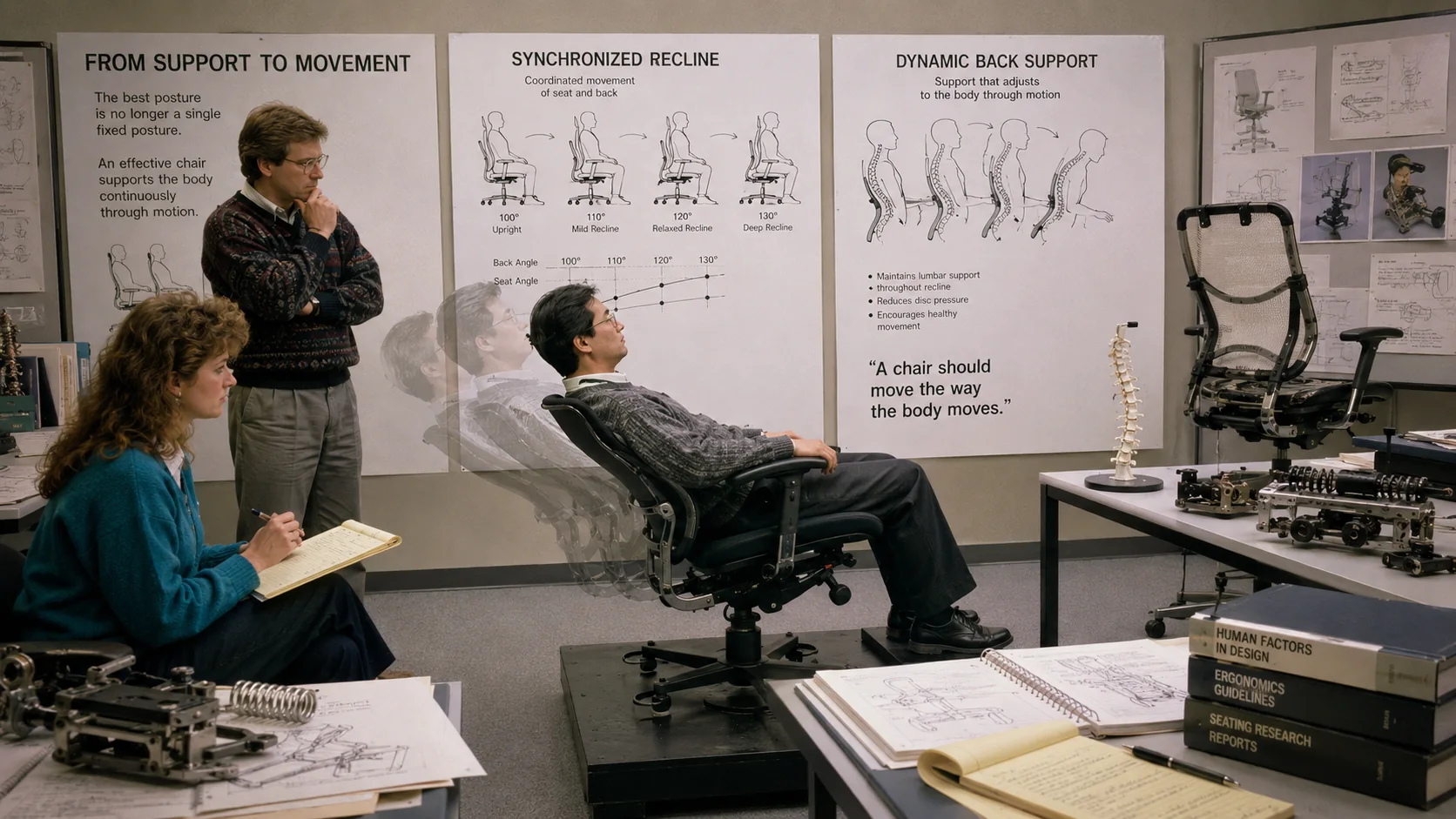 Designers study synchronised recline and dynamic back support in a seating laboratory.