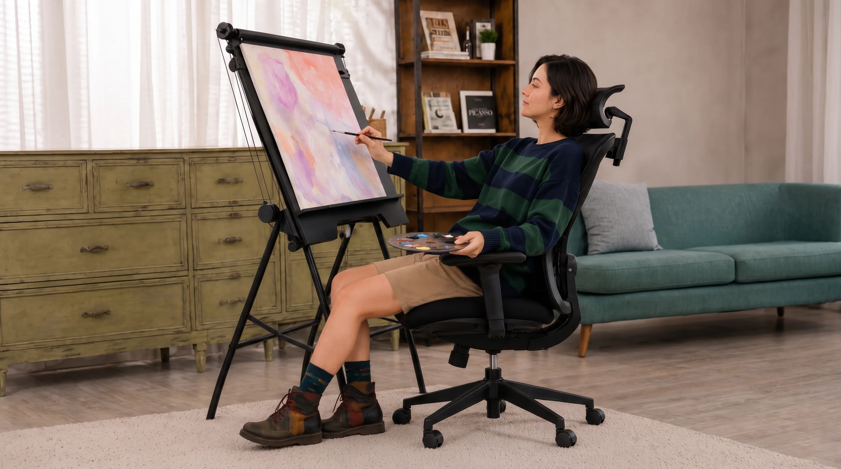 A woman changes posture naturally while working creatively from an ergonomic chair.