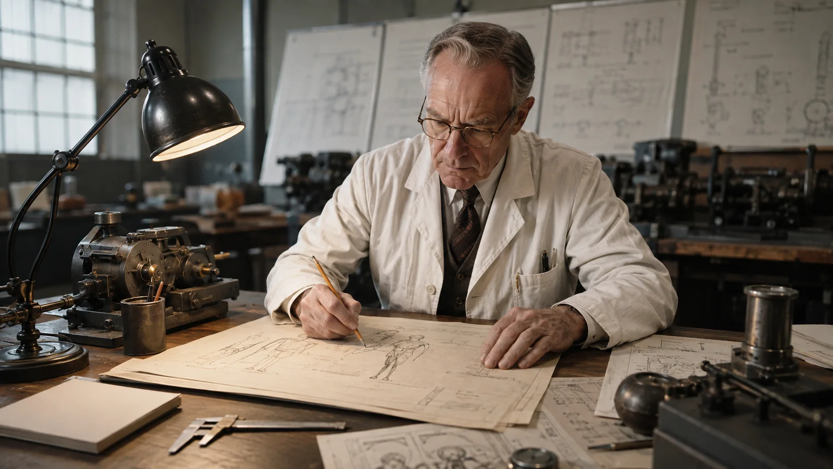 A researcher studies drawings of the human body in a mid-century design workshop.