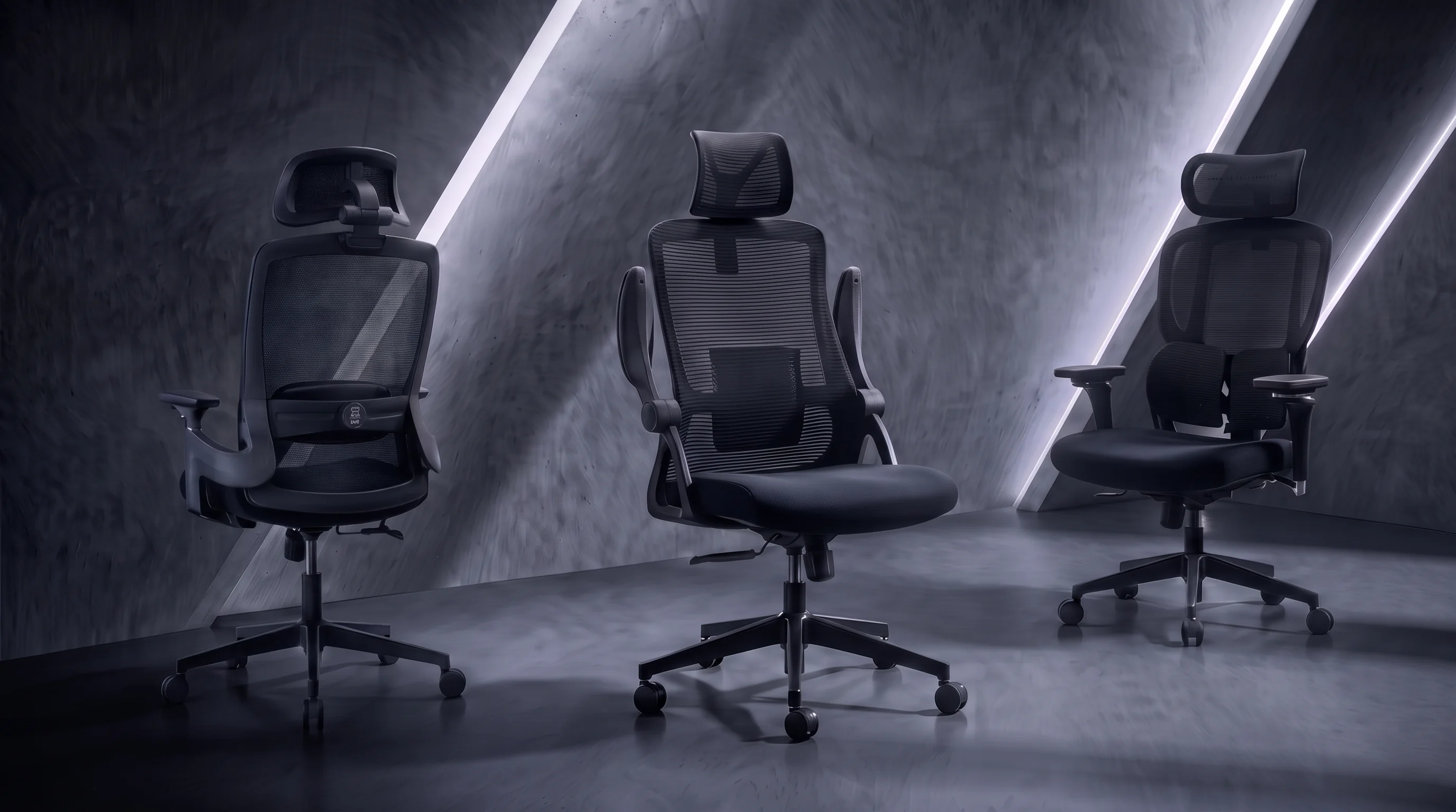 Three ergonomic chairs presented in a forward-looking architectural studio.