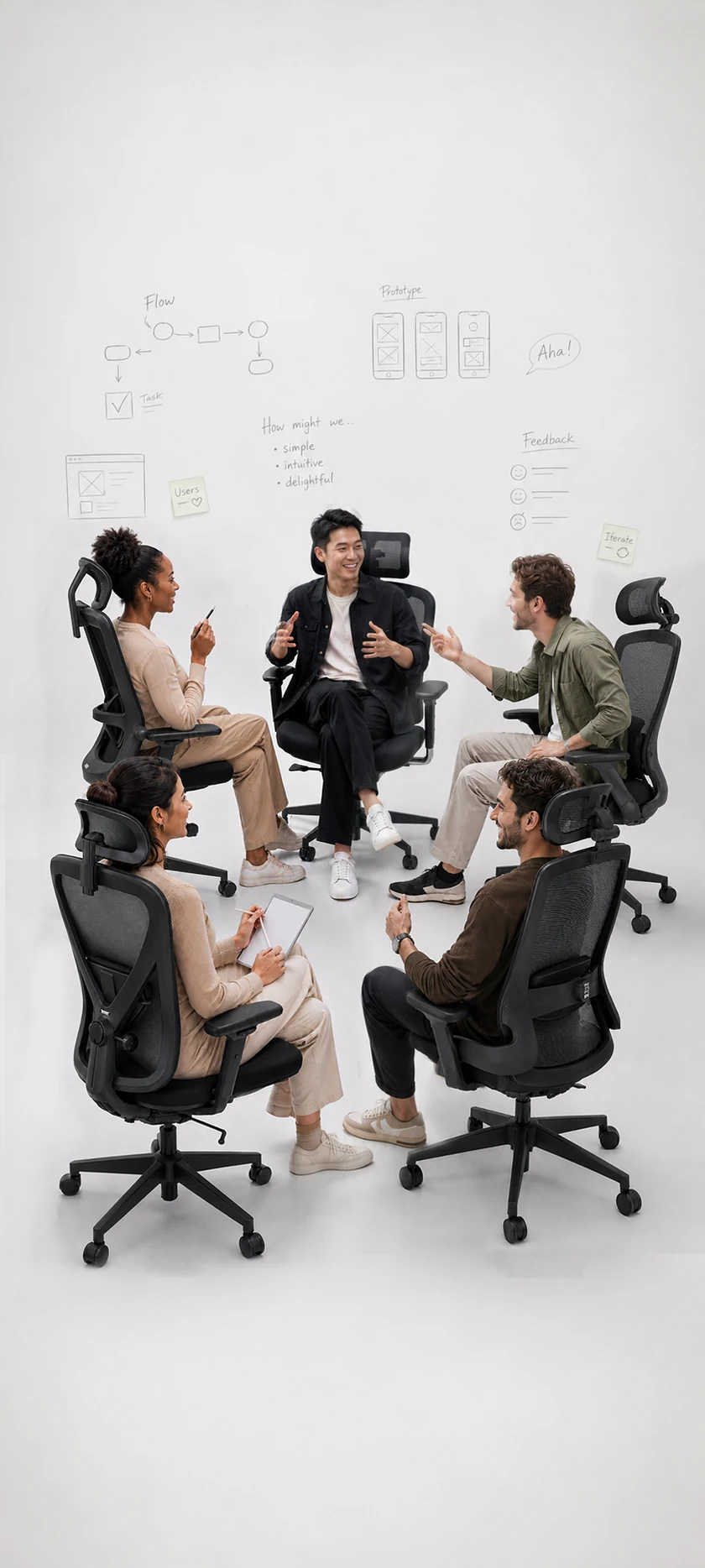 Five colleagues seated in ergonomic chairs during a collaborative workshop.