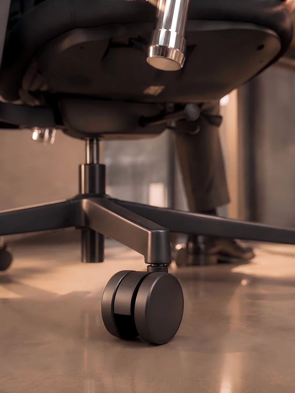 Close-up of a reinforced five-star chair base, gas lift and caster