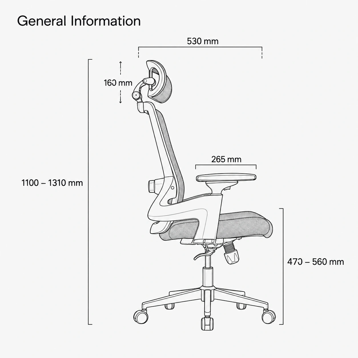 AVALON chair dimensions artwork with measurement annotations