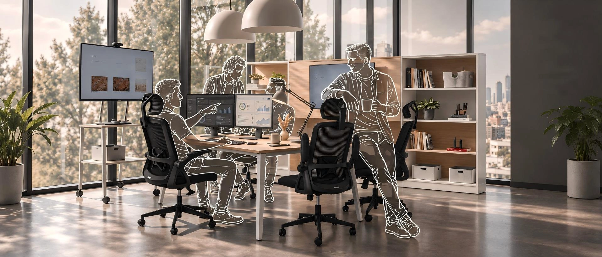 Multiple CAPTAIN chairs in a bright collaborative office with illustrated colleagues