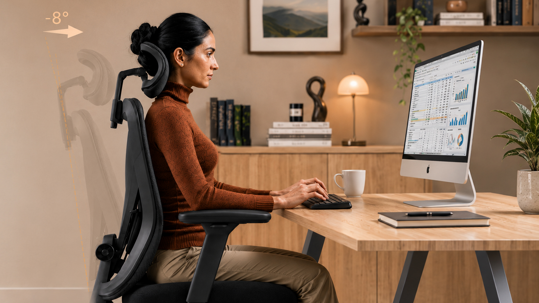 VALKYRIE backrest shown moving 8 degrees forward while the seat remains level