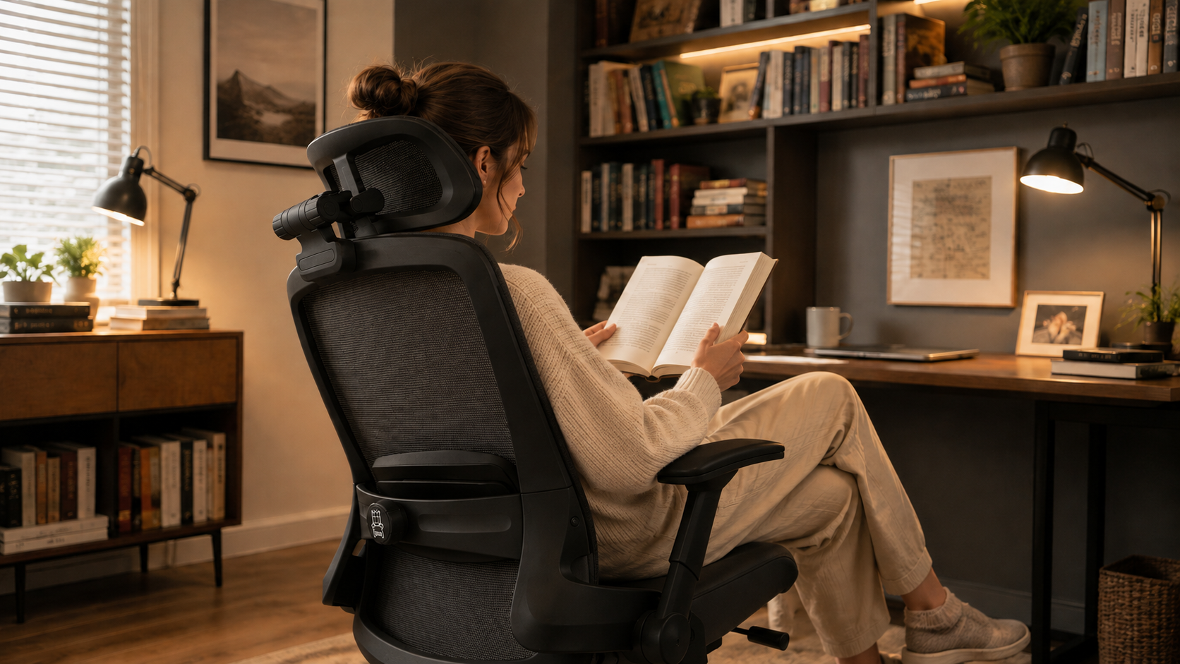 A person reading in VALOUR in a relaxed home workspace