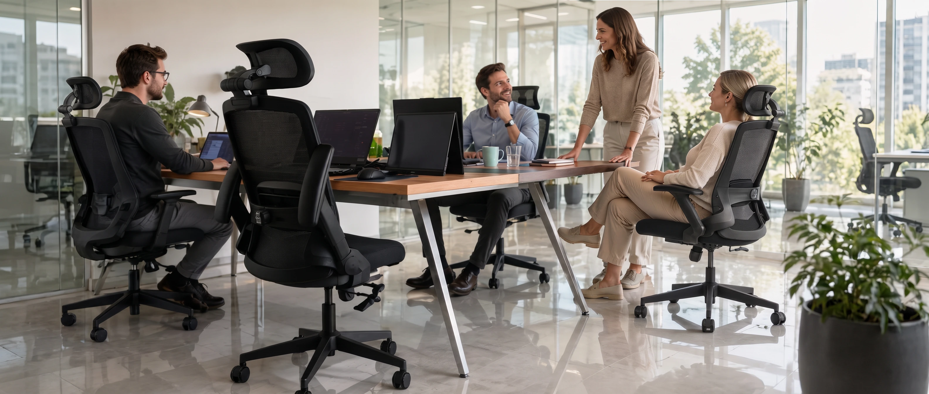 Colleagues meeting in a bright office furnished with VALOUR chairs