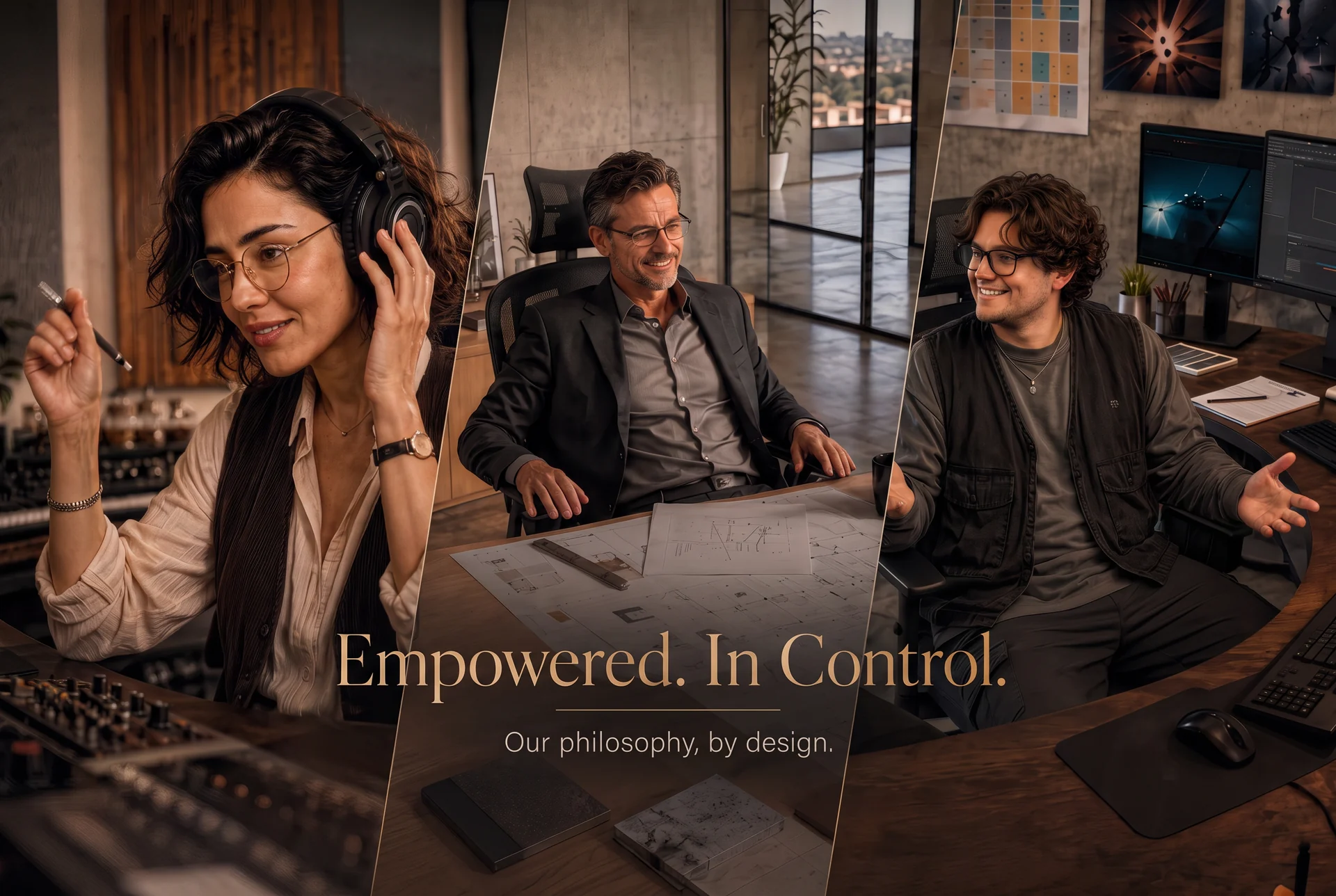 Three creative professionals working in distinct environments with the message Empowered. In Control.